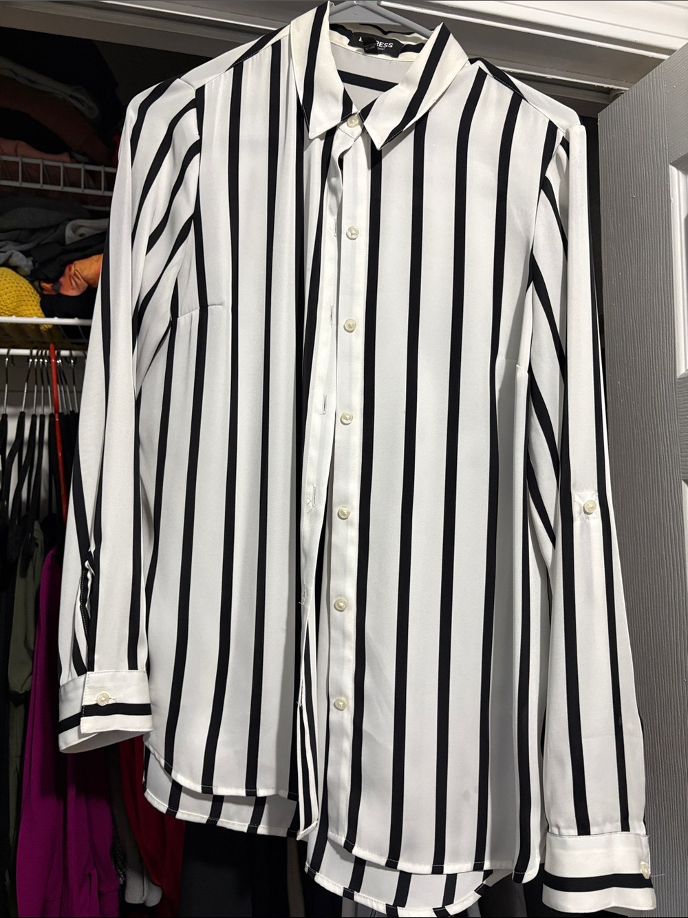 Express Black & White Vertical Stripe Button-Down Shirt